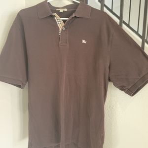 Authentic Burberry Men's Chocolate Polo Shirt with classic tan plaid. XL. Good